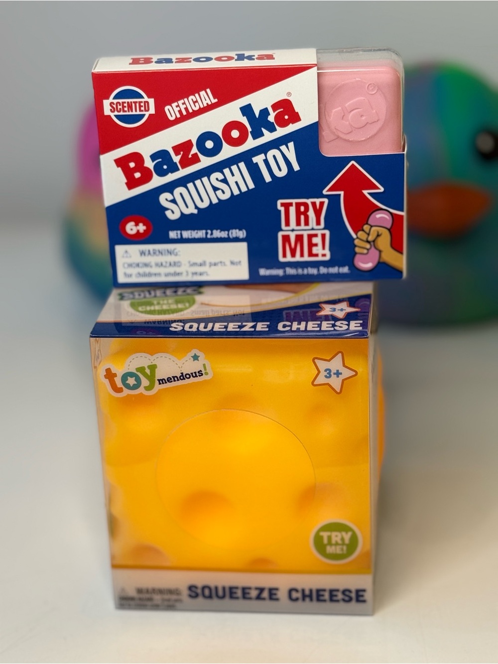 Jumbo Toy Mendous squeeze cheese and Bazooka Squishi Toy! Fidget stress toy! New